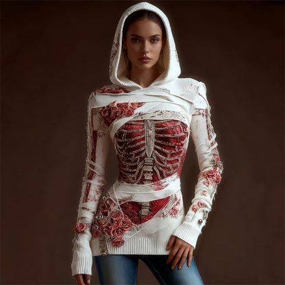 Comstylish Classy Skeleton Anatomy Bloody Roses Bandages Hooded Sweater