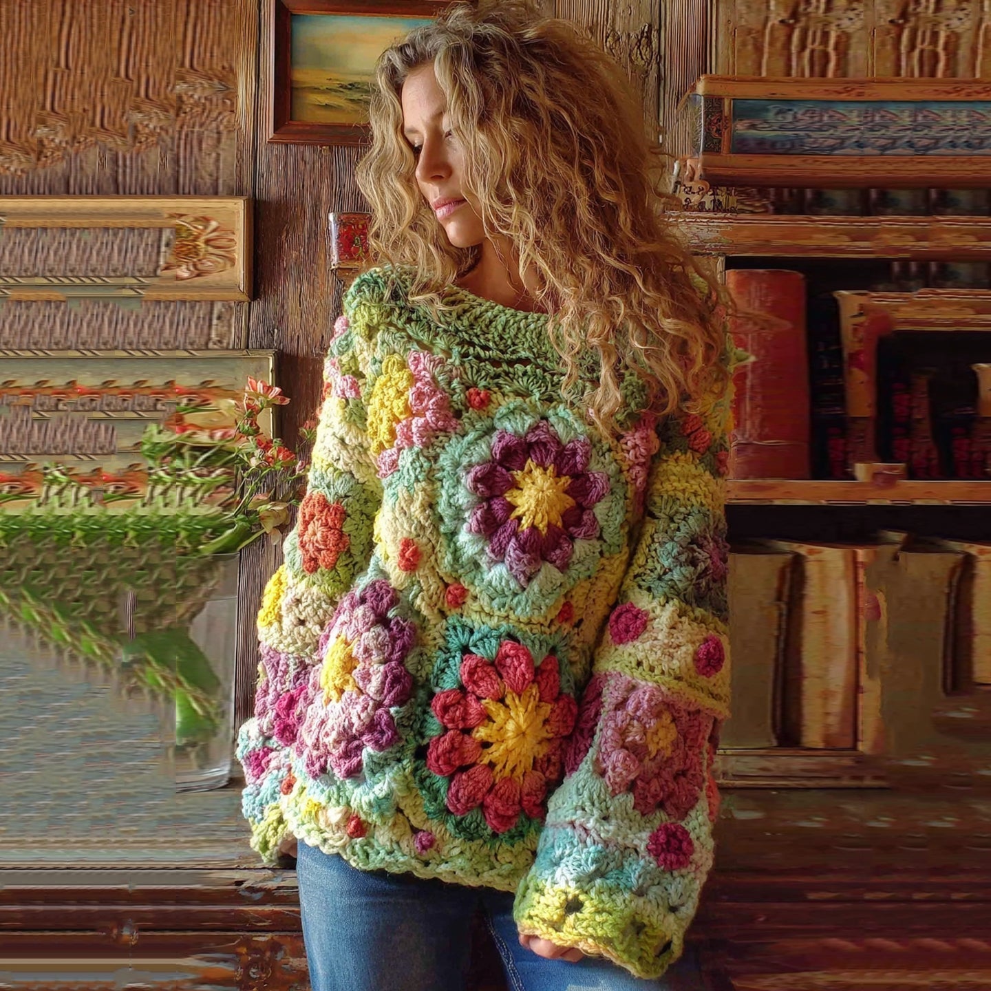 Women's Bohemian Chunky Knit Crochet Floral Sweater artswardrobe