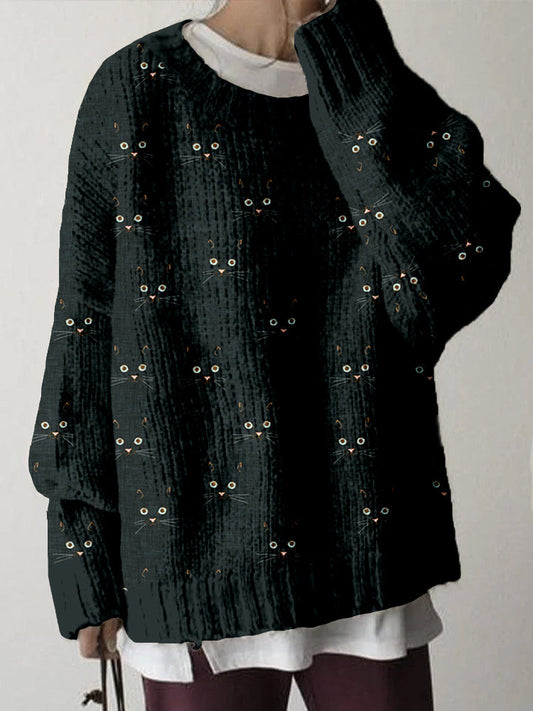 Comstylish Cute Cat Face Pattern Crew Neck Comfy Sweater