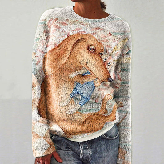 Women's Sleepy Dog Print Crew Neck Sweater artswardrobe
