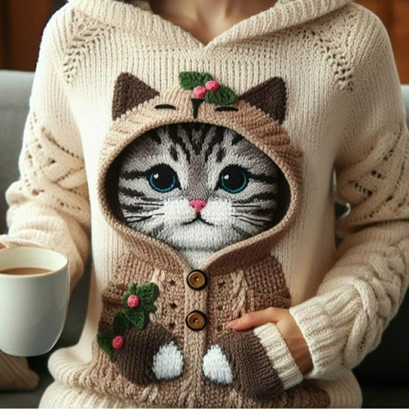 Women's Cute Winter Cat Art Knitted Warm Sweater elevenforest