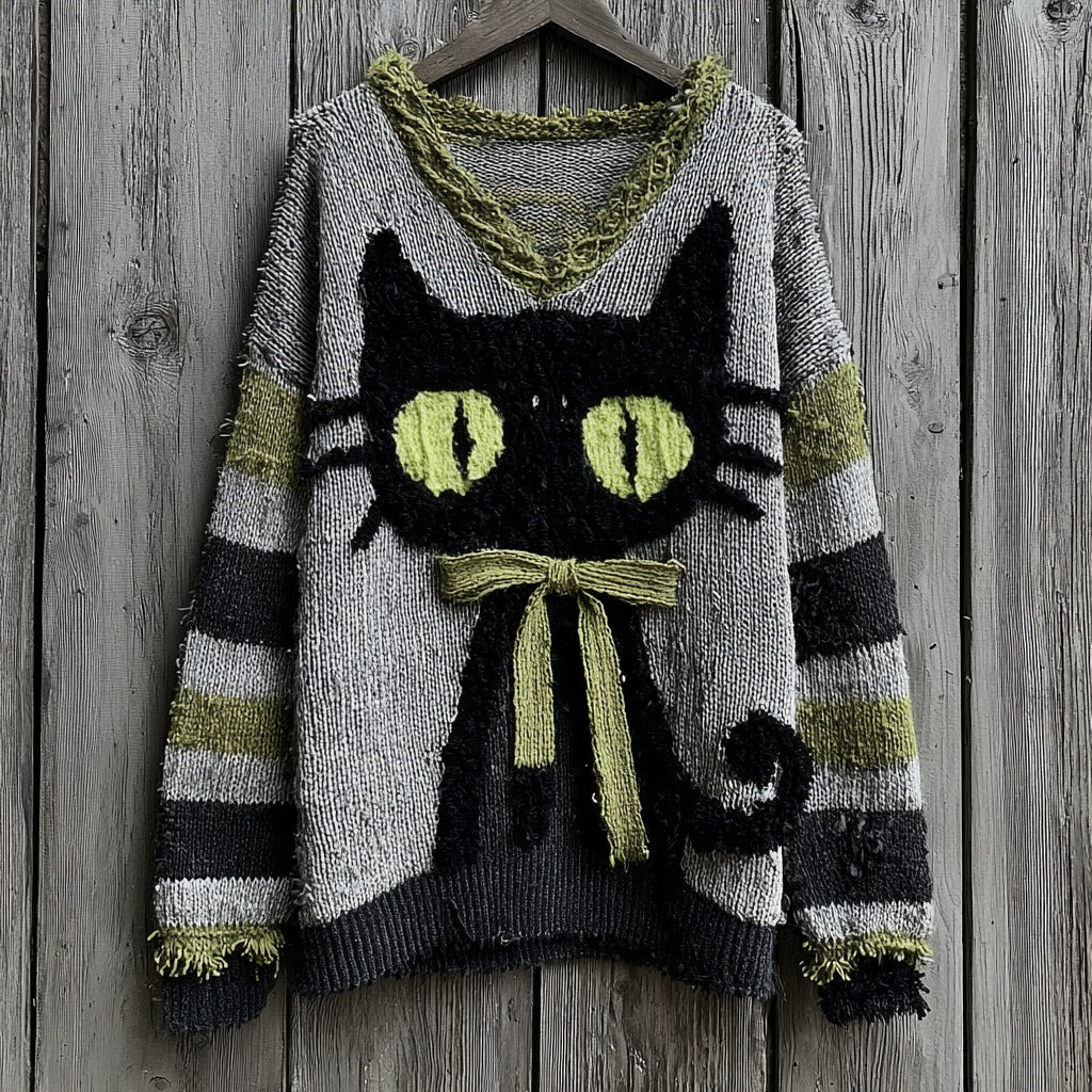 Comstylish Halloween Black Cat Striped Knit V-neck Sweater