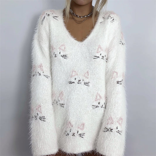 Comstylish Lovely Cat Faces Embroidered Cozy Fuzzy Sweater