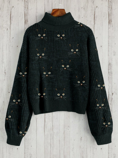 Cute Cat Face Pattern Warm Turtleneck Sweater elevenforest