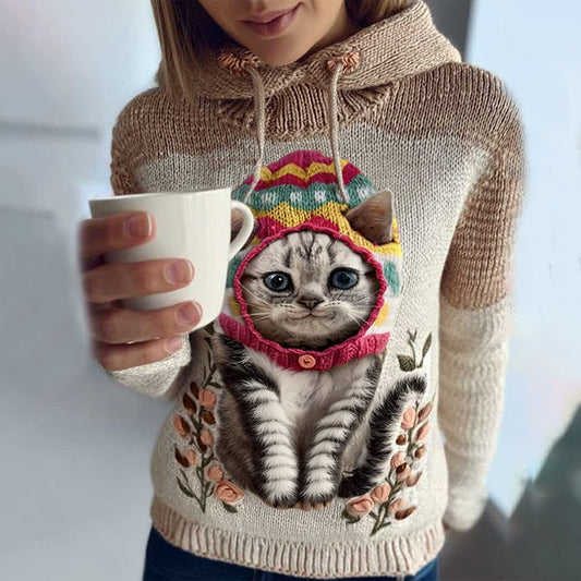 Women's Cute Winter Strawberry Cat Art Knitted Warm Sweater
