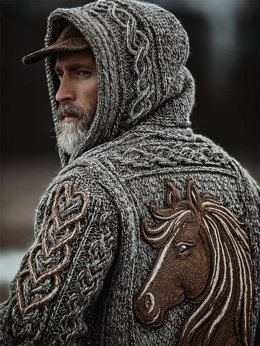Men's Vintage Horse Crochet Celtic Cozy Knit Hooded Sweater elevenforest