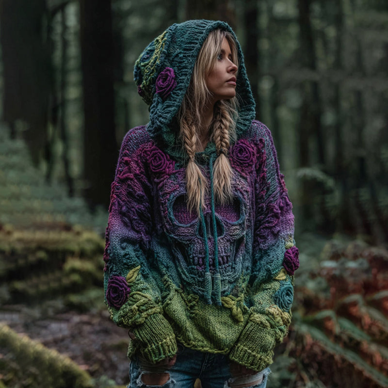 Women's Vintage Viking Skull And Rose Gradient Art Knit Hooded Sweater elevenforest