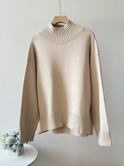 Cotton Oversized Turtleneck Sweater with Dropped Shoulders in Chocolate Brown