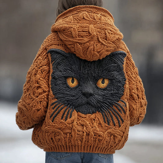 Women's Vintage Black Cat Embroidered Zip-up Sweater