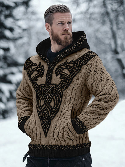Men's Viking Celtic Contrast Cozy Chunky Hooded Sweater elevenforest
