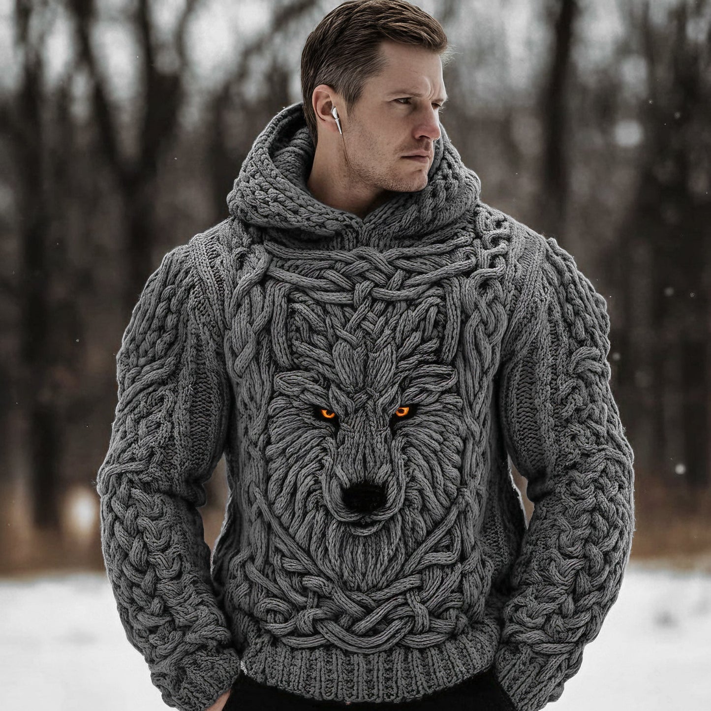 Men's Viking Celtic Wolf Knit Chunky Hooded Sweater artswardrobe