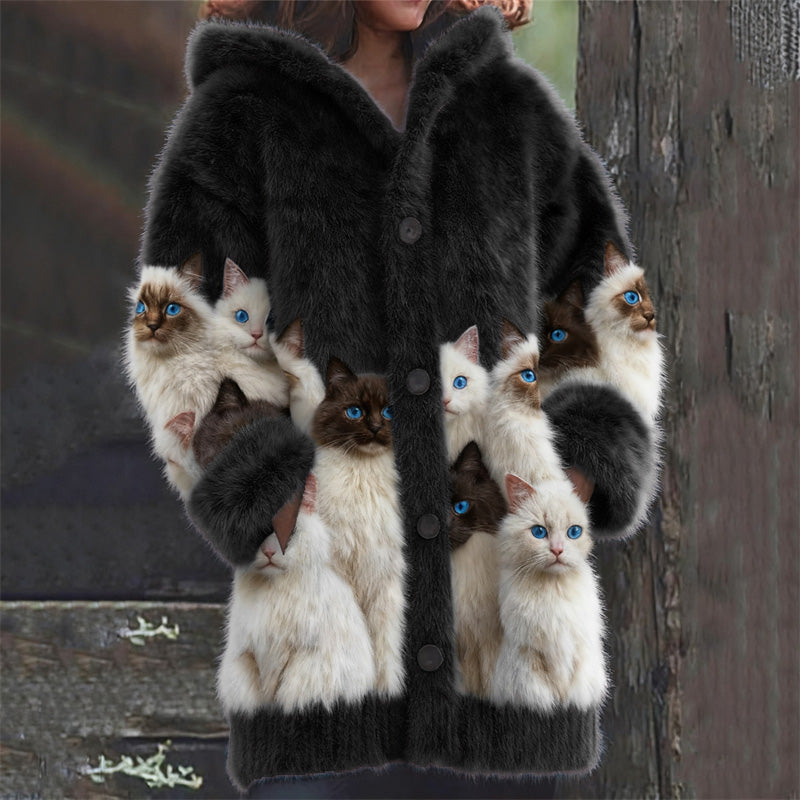 Wool Cardigan with Black and White Cats Print