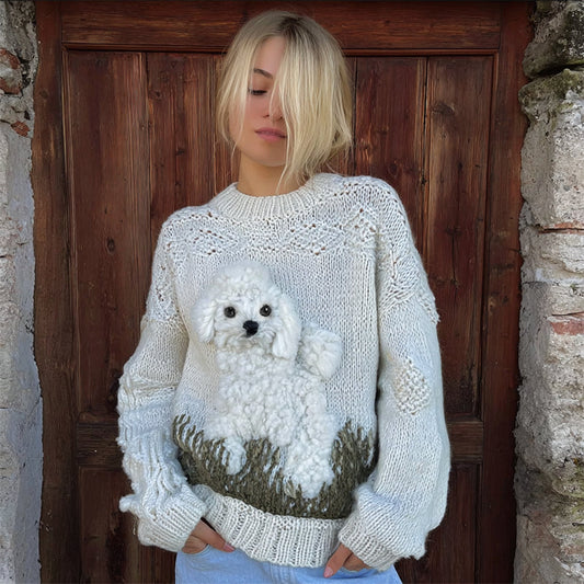 Comstylish Vintage Fuzzy Dog On Grassland Cozy Knit Sweater