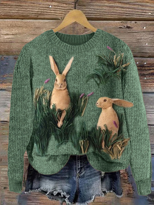 Forest Bunny Textile Art Cozy Knit Sweater artswardrobe