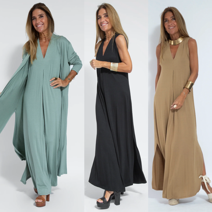 Schwarzes Kleid + Strickjacke in Weiß