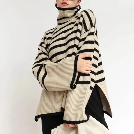 Cotton Turtleneck Sweater with Bold Diagonal Stripes and Asymmetric Hem
