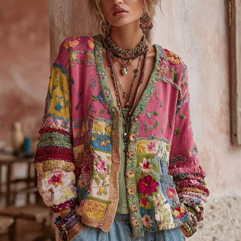 Wool Cardigan with Patchwork Floral and Beaded Trim