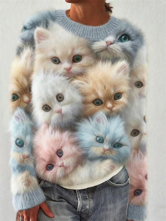 Comstylish Colorful Fuzzy Cats Art Cozy Knit Sweater