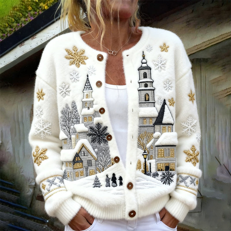 Fleece Cardigan with Snowy Winter Village Architecture