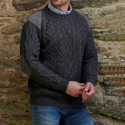 Men'S Retro Patchwork Jacquard Knitting Crew Neck Aran Sweater elevenforest