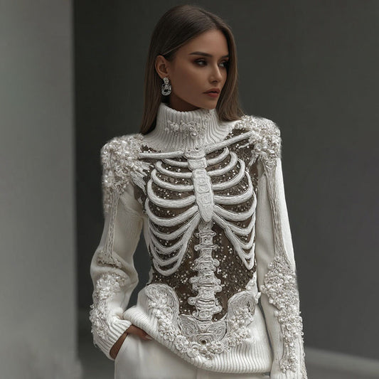 Comstylish Women's Vintage Skeleton Sequins & Glitter Floral Art Cozy High Neck Sweater