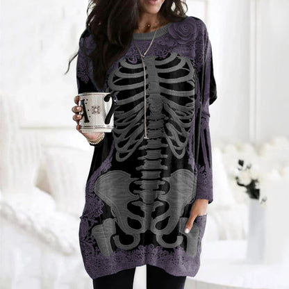 Comstylish Comstylish Women's Halloween Skeleton Bones With Rose Art Cozy Knit Turtleneck Mini Sweater Dress