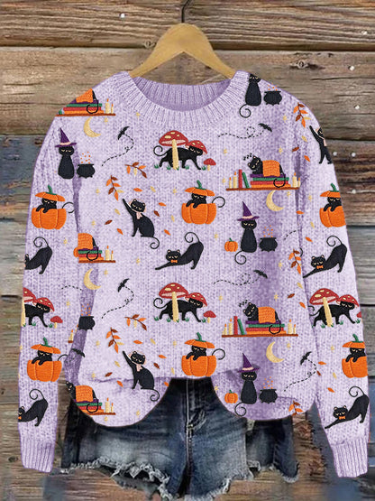 Black Cat Pumpkin Embroidery Pattern Knit Sweater elevenforest