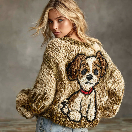Comstylish Women's Funny Dog Knitted Jacquard Crew Neck Sweater