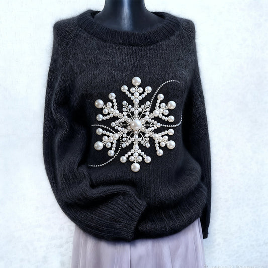 Classy Pearl Snowflake Embroidered Cozy Knit Sweater artswardrobe