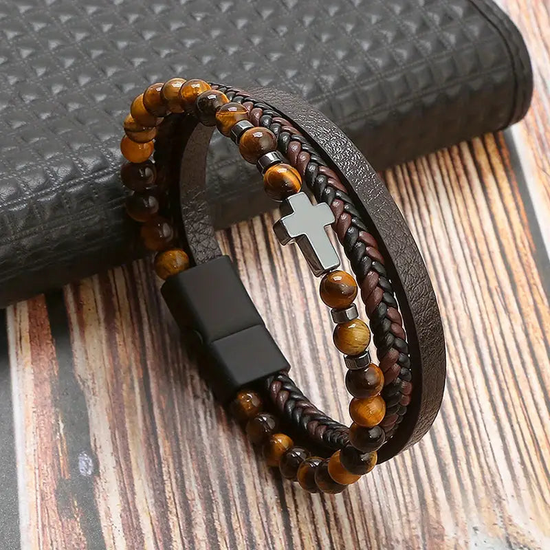 Luxurious Obsidian Cross Stainless Steel Bracelet