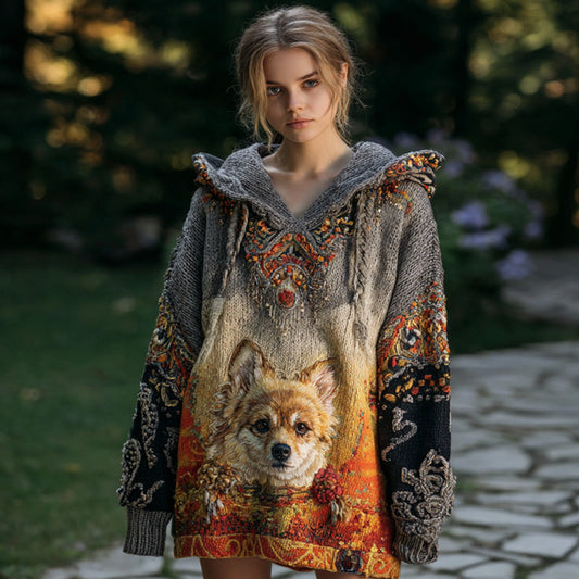 Comstylish Women's Vintage Dog Embroidered Hooded Sweater