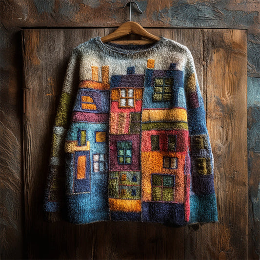 Colorful Street Building Inspired Colorblock Cozy Knit Sweater