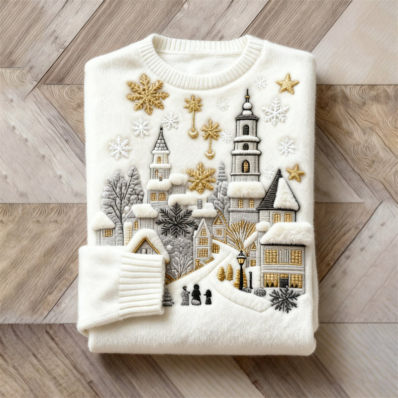 Cotton Sweater with Snowy White Village