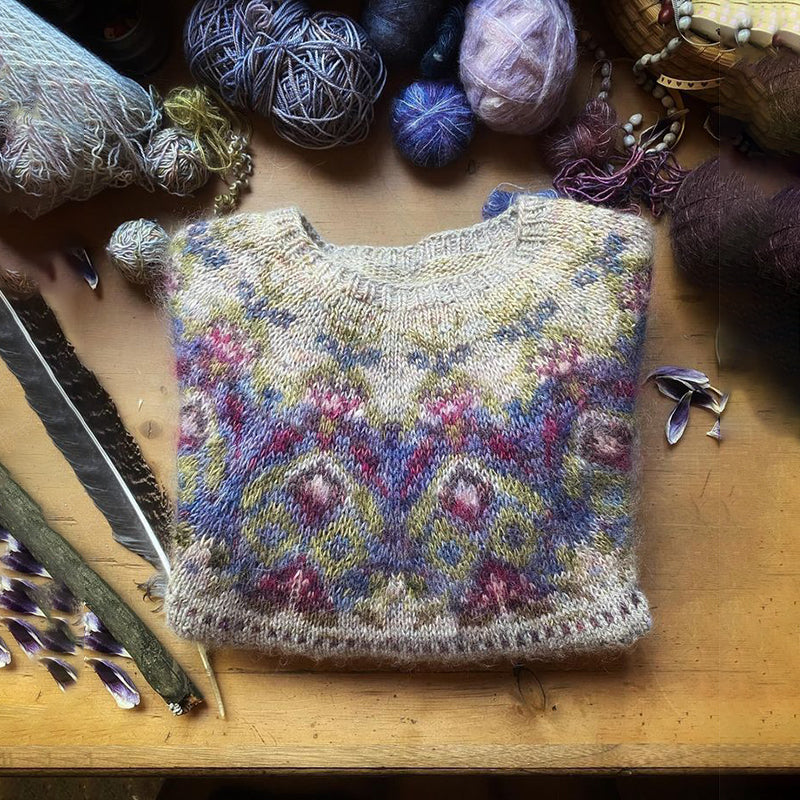 Cotton Sweater with Watercolor Floral Knit Pattern