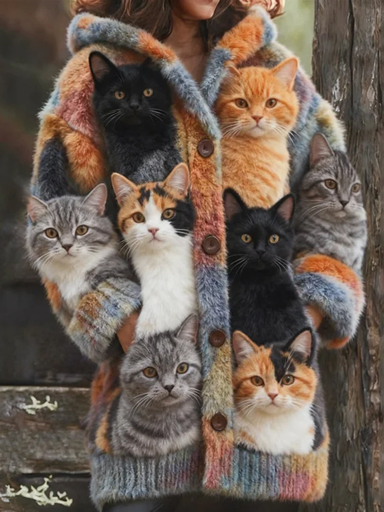Wool Cardigan with Multiple Cat Breeds Print
