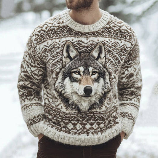 Vintage Men's Warm Wolf Pattern Crew Neck Sweater artswardrobe
