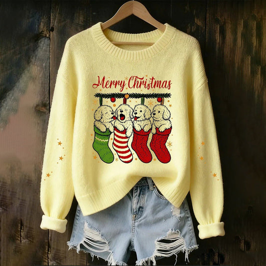 Comstylish Women's Christmas Dog Print Cozy Knit Pullover Sweater