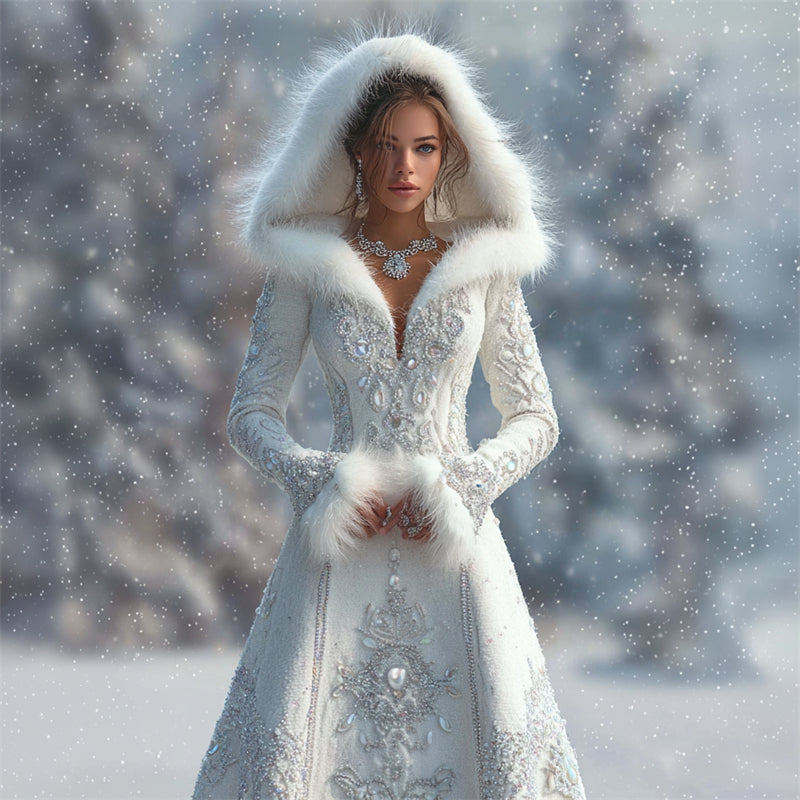 Cotton Coat with Faux Fur Trim and Crystal Embellished Cable Design