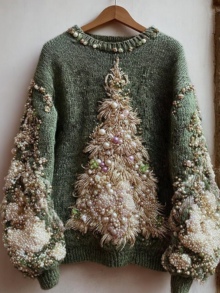 Cotton Sweater with Embroidered Christmas Trees and Pearl Details