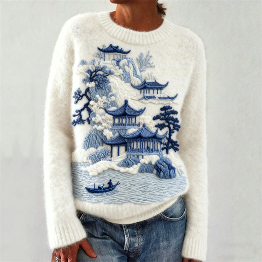 Japanese Buildings Pine Trees Mountain Landscape Embroidered Cozy Sweater