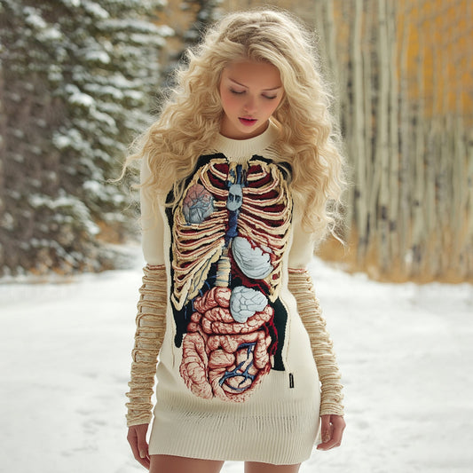 Comstylish Women's Vintage Halloween Anatomy Art Cozy Knit Mini Sweater Dress