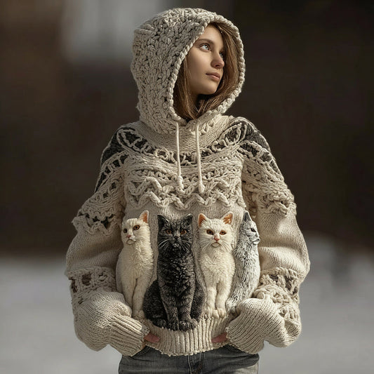 Women's Cute Cat Embroidered Hooded Sweater