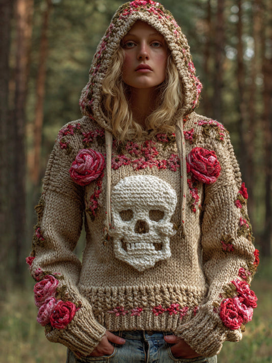 Halloween Skeleton Smiling Face Pink Rose Vintage Hooded Sweater elevenforest