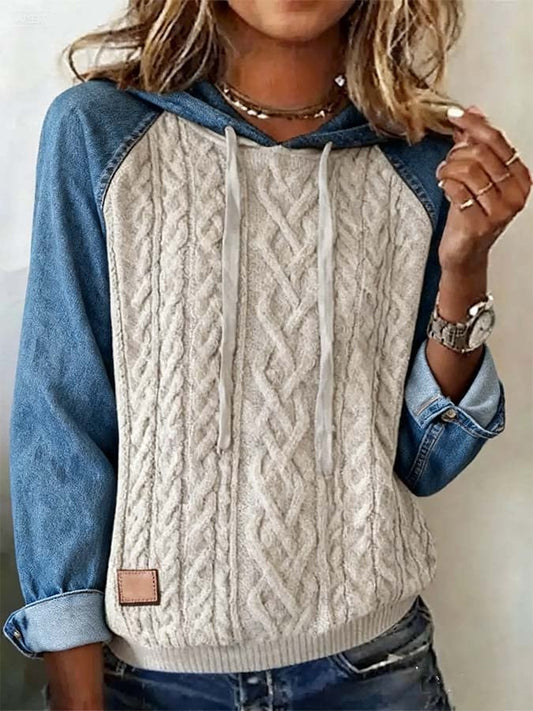 Women'S Casual Sweater Stitching Denim Hooded Top Sweatshirt