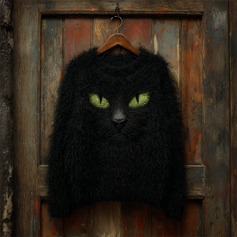 Halloween Fuzzy Black Cat Inspired Cozy Knit Sweater elevenforest