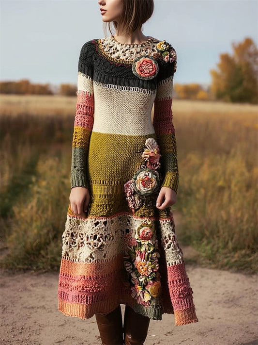 Boho Floral Crochet Colorblock Maxi Sweater Dress