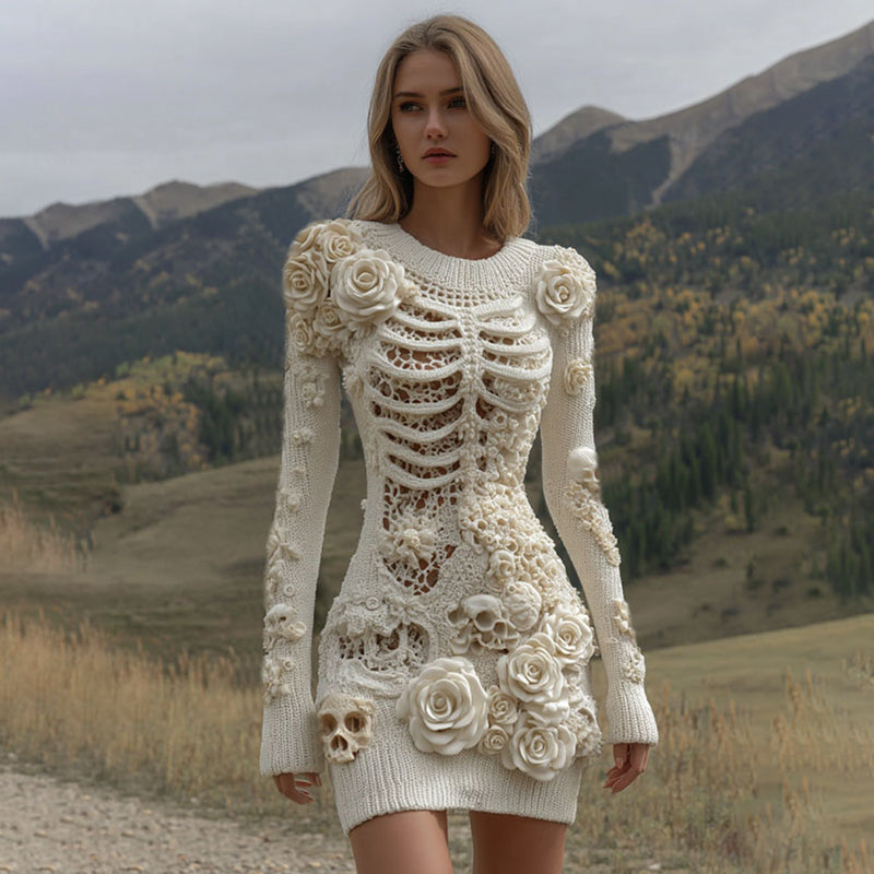 Comstylish Women's Vintage Halloween Skeleton Skull With Rose Art Cozy Sweater Dress