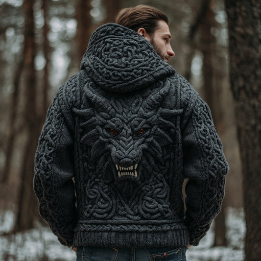Men's Viking Dragon Style Celtic Art Knit Hooded Zip-up Sweater artswardrobe