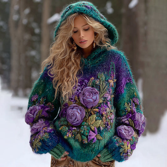 Women's Gradient Rose And Floral Flannel Knitted Warm Hooded Sweater artswardrobe