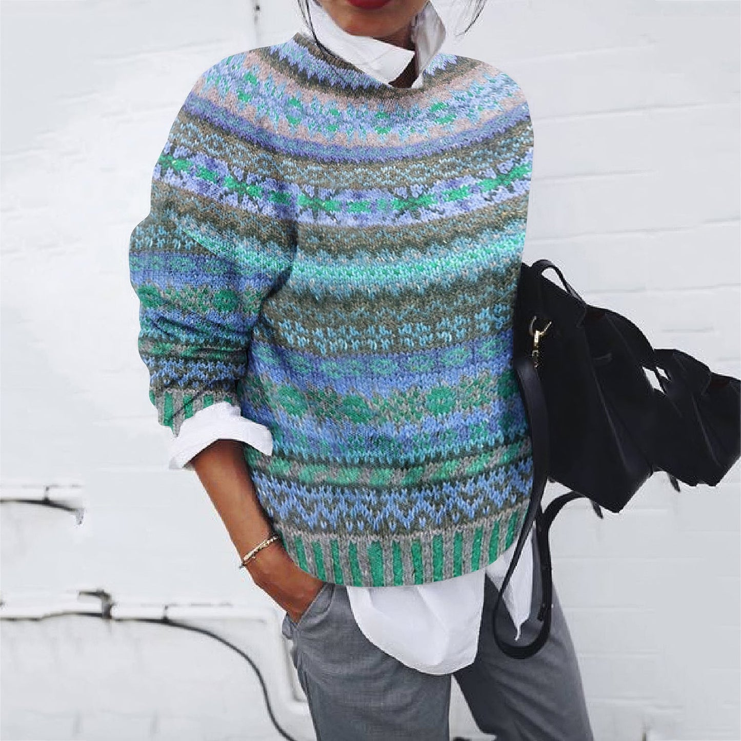 Vintage Ethnic Wavy Jacquard Contrasting Colors Printing Sweater elevenforest